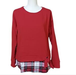 Izod Layered Look Tango Red Plaid Sweatshirt Top Women's M New